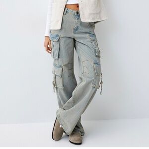 Machine yellow blue high waist wide leg cargo utility jeans NWT